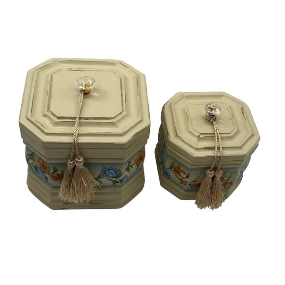 Vintage Hexagon Nesting Wood Jewelry Urn Boxes Floral Shabby Chic Crystal Handle - Picture 12 of 12